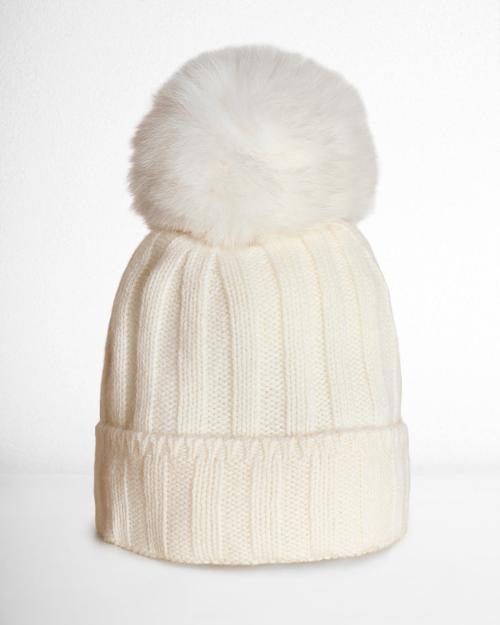 Cappellino in cashmere con pompon di volpe rimovibile