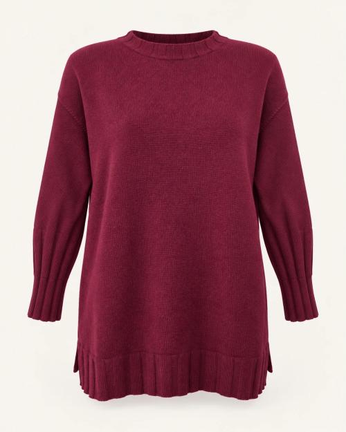 Maxi Maglia taglia unica in puro Cashmere bordeaux con bordo a coste